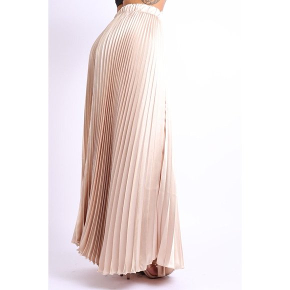 Women's Elastic High Waist A-Line Pleated Satin Maxi Skirt Formal Prom Party - Picture 5 of 7